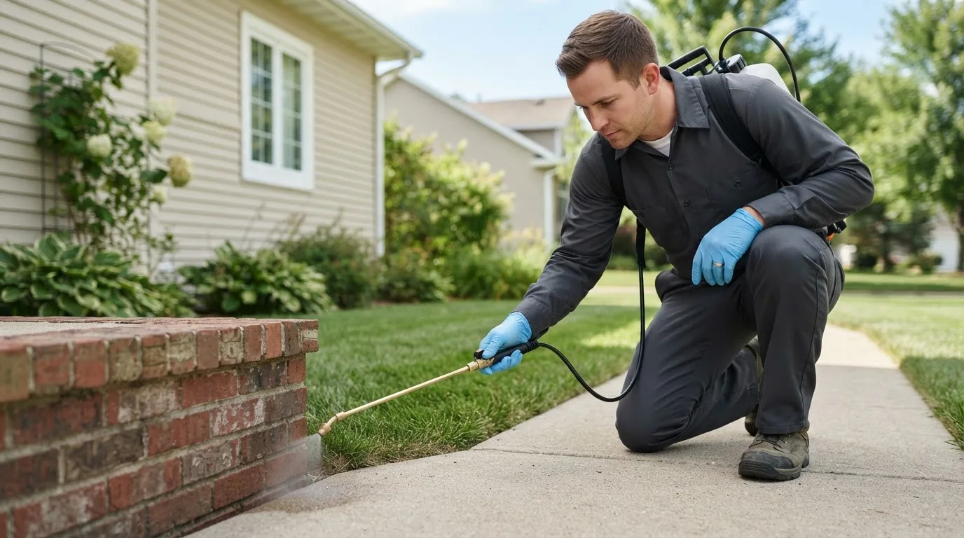 Pest control technician treating a home near Celoron, NY