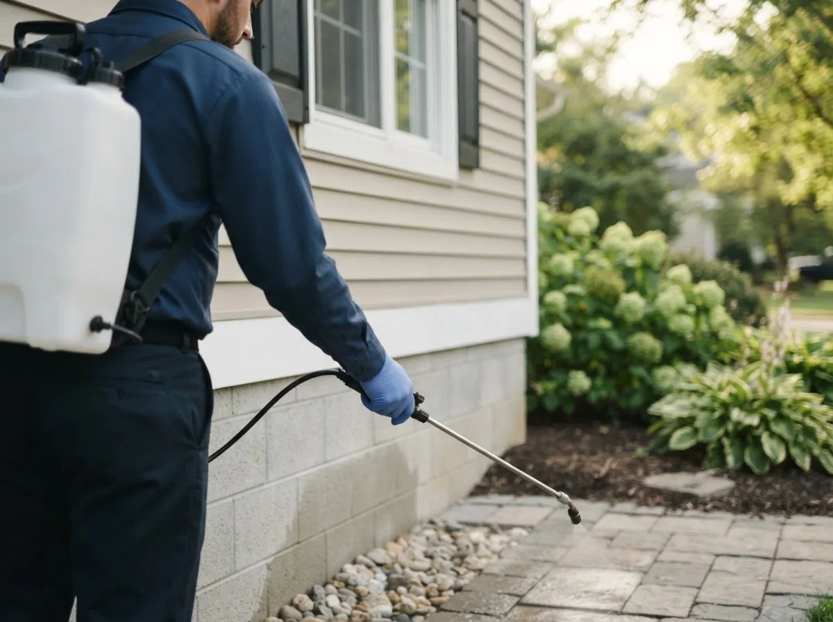 Pest control technician inspecting a home in Celoron, NY